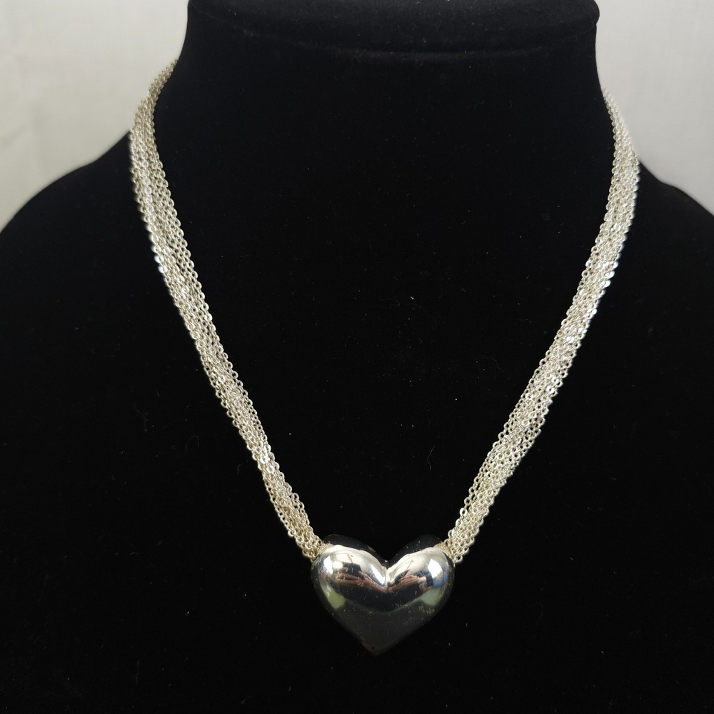 Signed AVON Silvertone Sculptured Puffy Heart Necklace Multi Strand